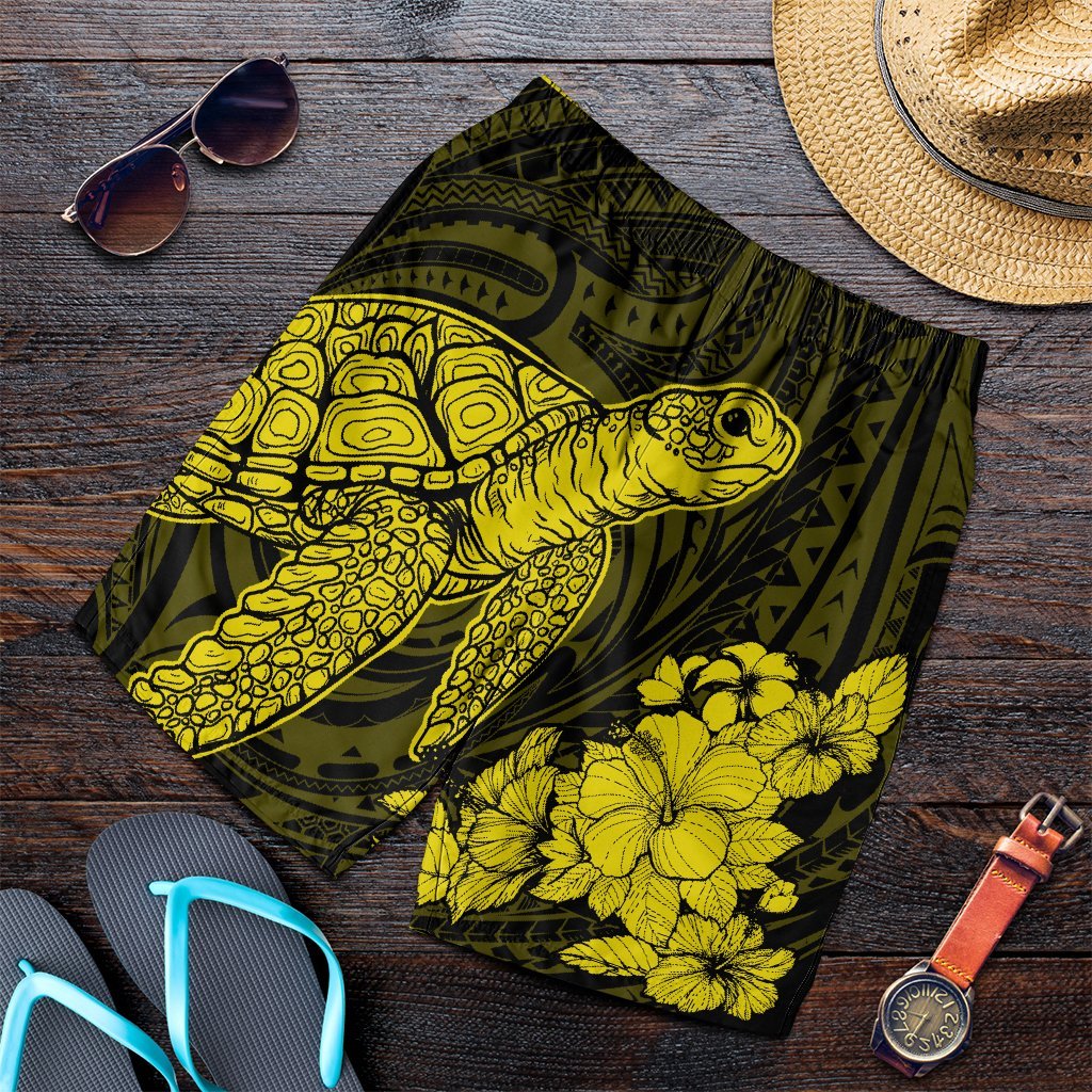 Hawaiian Hibiscus Memory Turtle Polynesian Men's Shorts Yellow - AH Art - Polynesian Pride