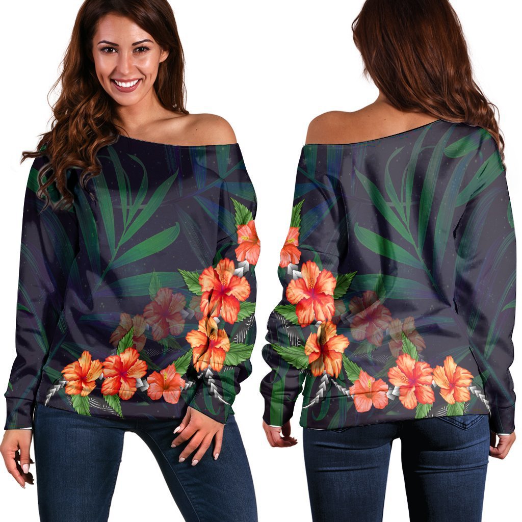 Hawaiian Hibiscus Palm Tree Background Polynesian Women's Off Shoulder Sweater - AH Black - Polynesian Pride