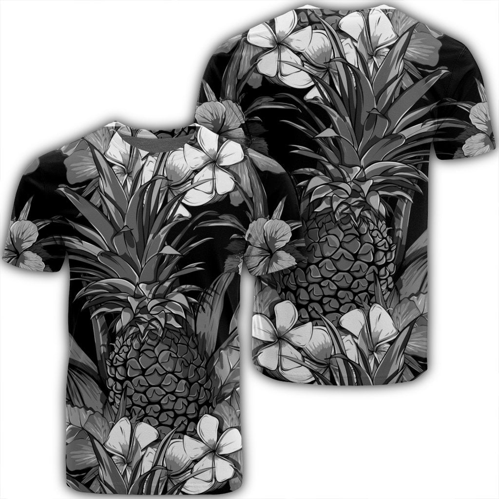 Hawaiian Hibiscus Plumeria and Pineapple Polynesian T Shirt Unisex Black - Polynesian Pride