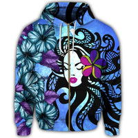 Hawaiian Hibiscus Plumeria Hula Girl Polynesian Zip Hoodie - Polynesian Pride