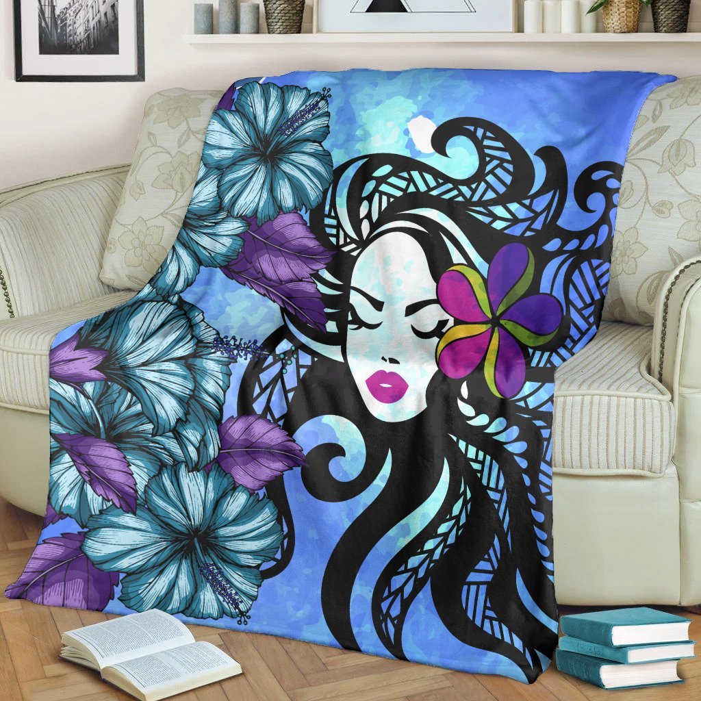 Hawaiian Hibiscus Plumeria Hula Girl Polynesian Premium Blankets - AH - Polynesian Pride