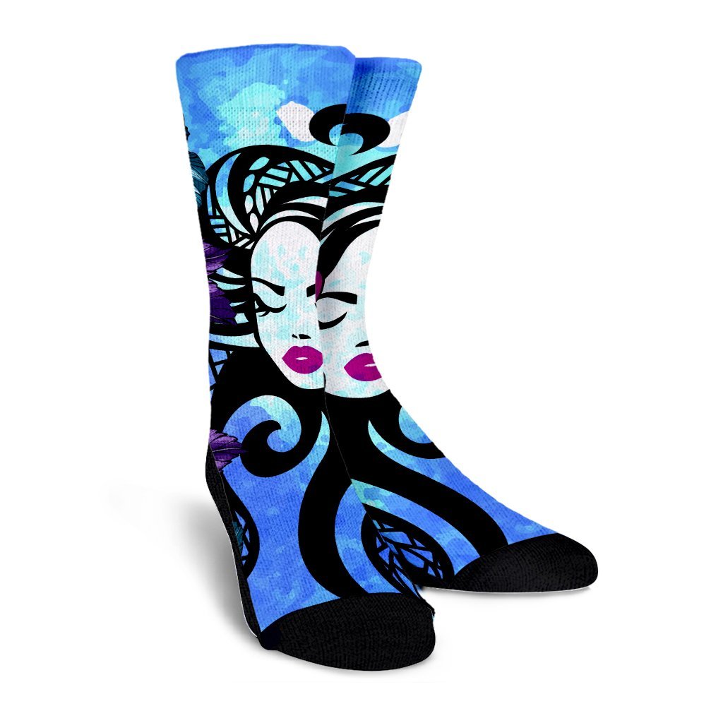 Hawaiian Hibiscus Plumeria Hula Girl Polynesian Crew Socks - AH - Polynesian Pride