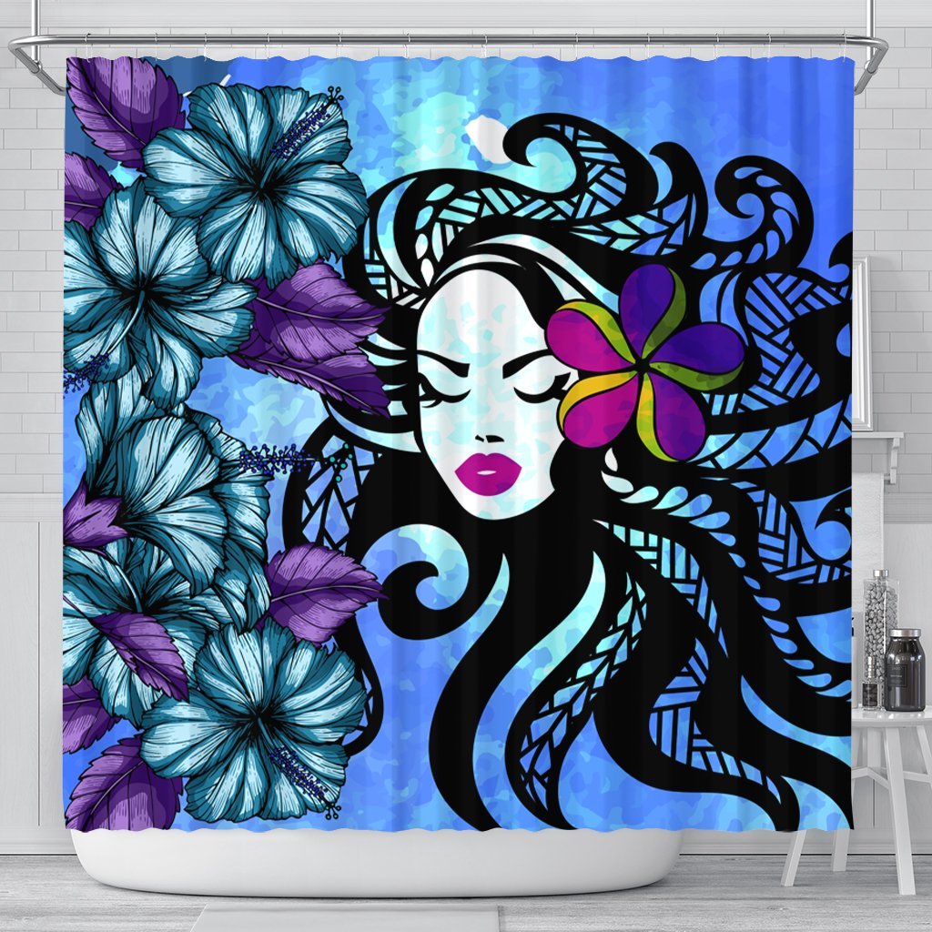 Hawaiian Hibiscus Plumeria Hula Girl Polynesian Shower Curtain - AH 177 x 172 (cm) Black - Polynesian Pride