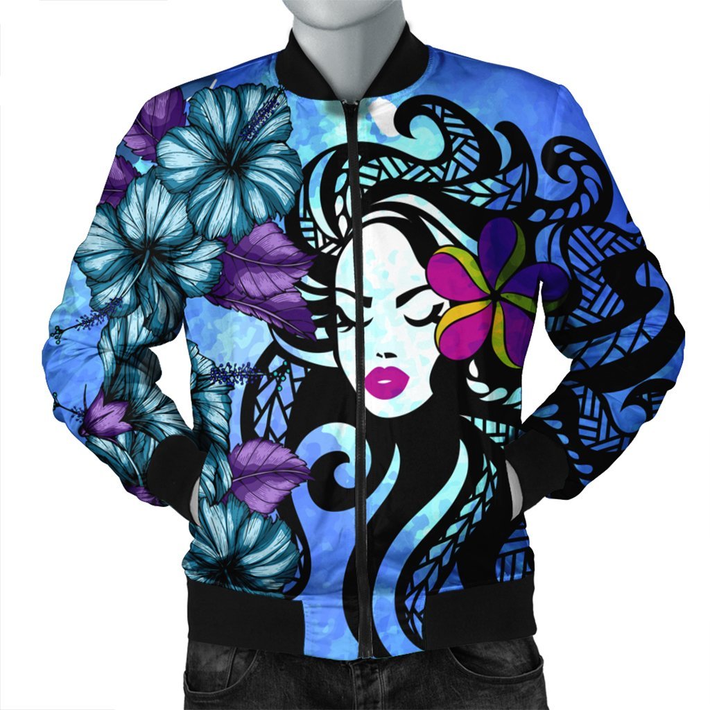 Hawaiian Hibiscus Plumeria Hula Girl Polynesian Bomber Jacket - AH Black Unisex - Polynesian Pride