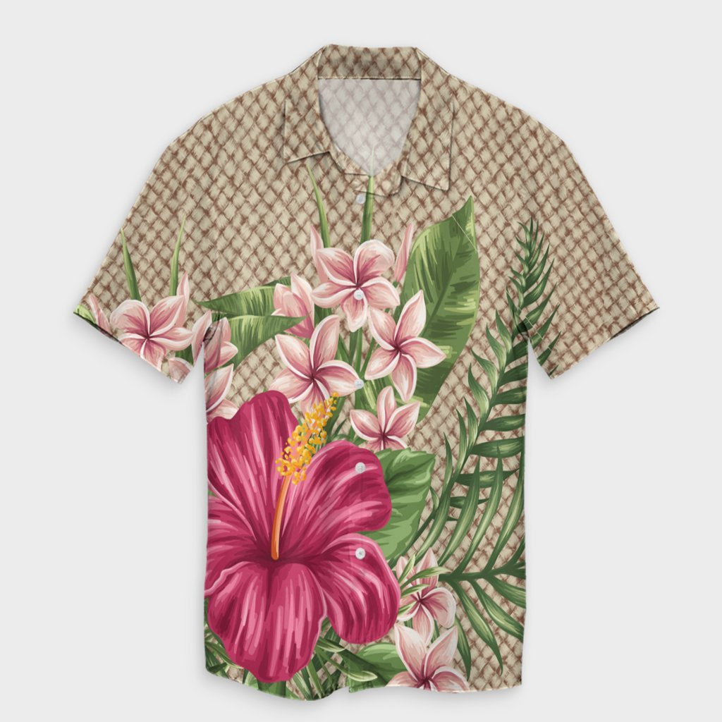 Hawaiian Hibiscus Plumeria Palm Leaves Lauhala Background Polynesian Hawaiian Shirt - AH Unisex Black - Polynesian Pride