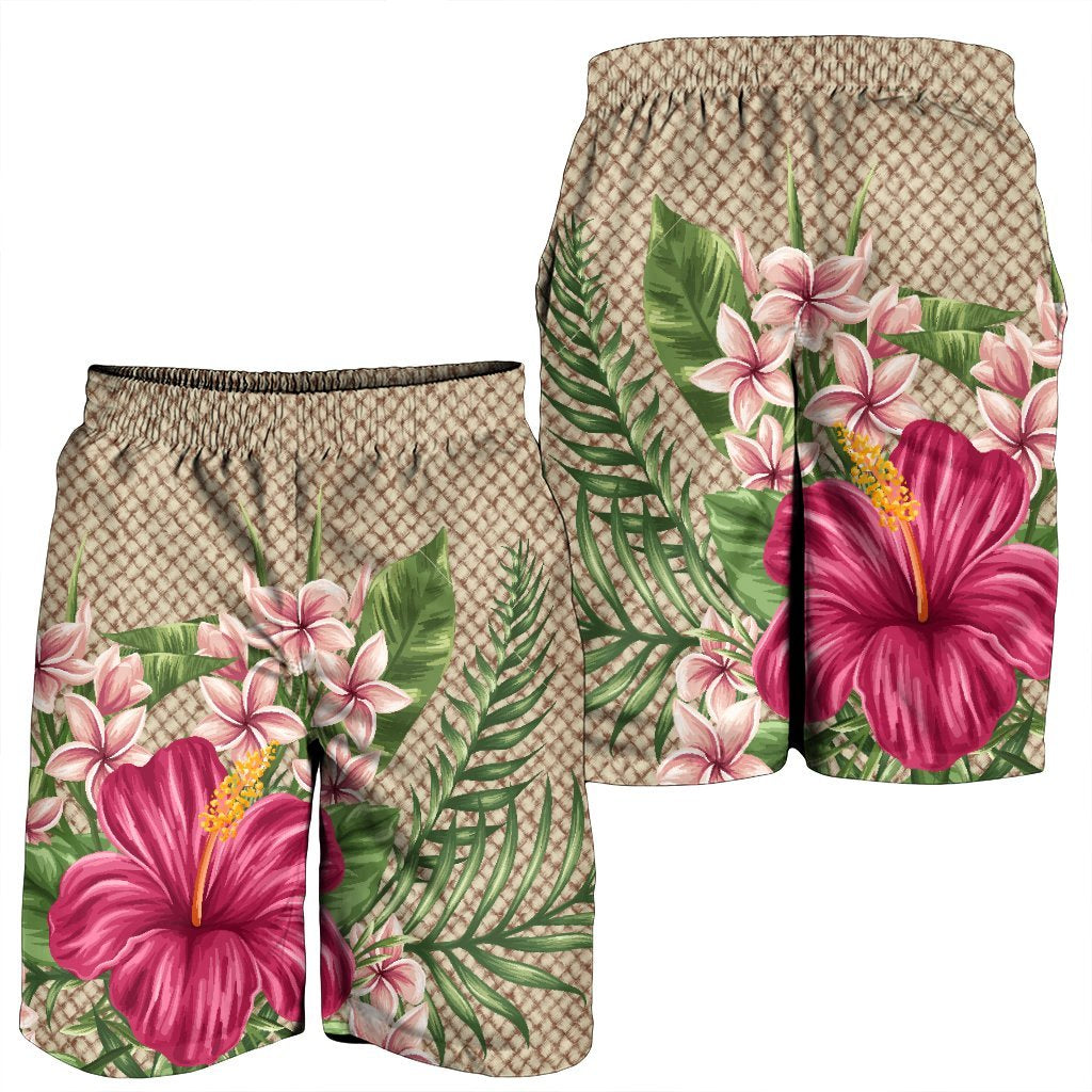 Hawaiian Hibiscus Plumeria Palm Leaves Lauhala Background Polynesian Men's Shorts - AH - Polynesian Pride
