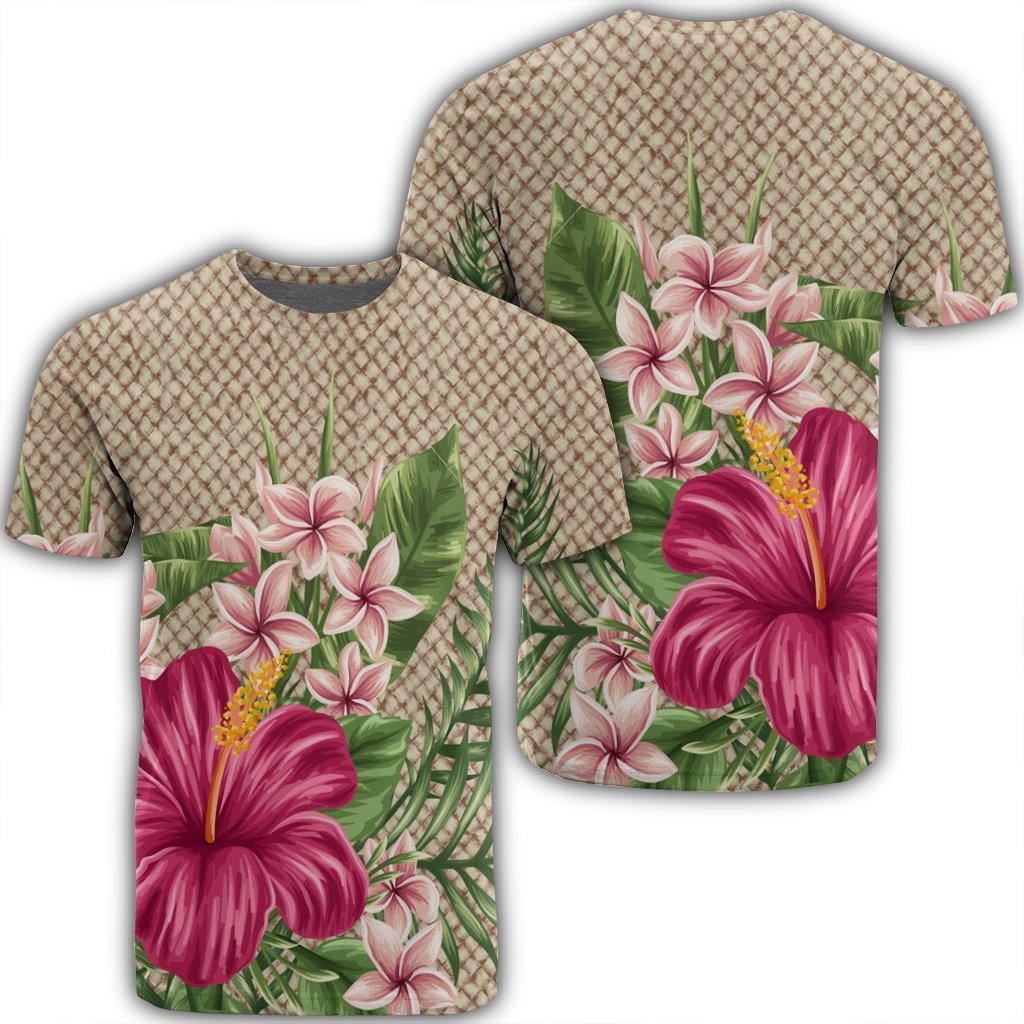 Hawaiian Hibiscus Plumeria Palm Leaves Lauhala Background Polynesian T Shirt Unisex Black - Polynesian Pride