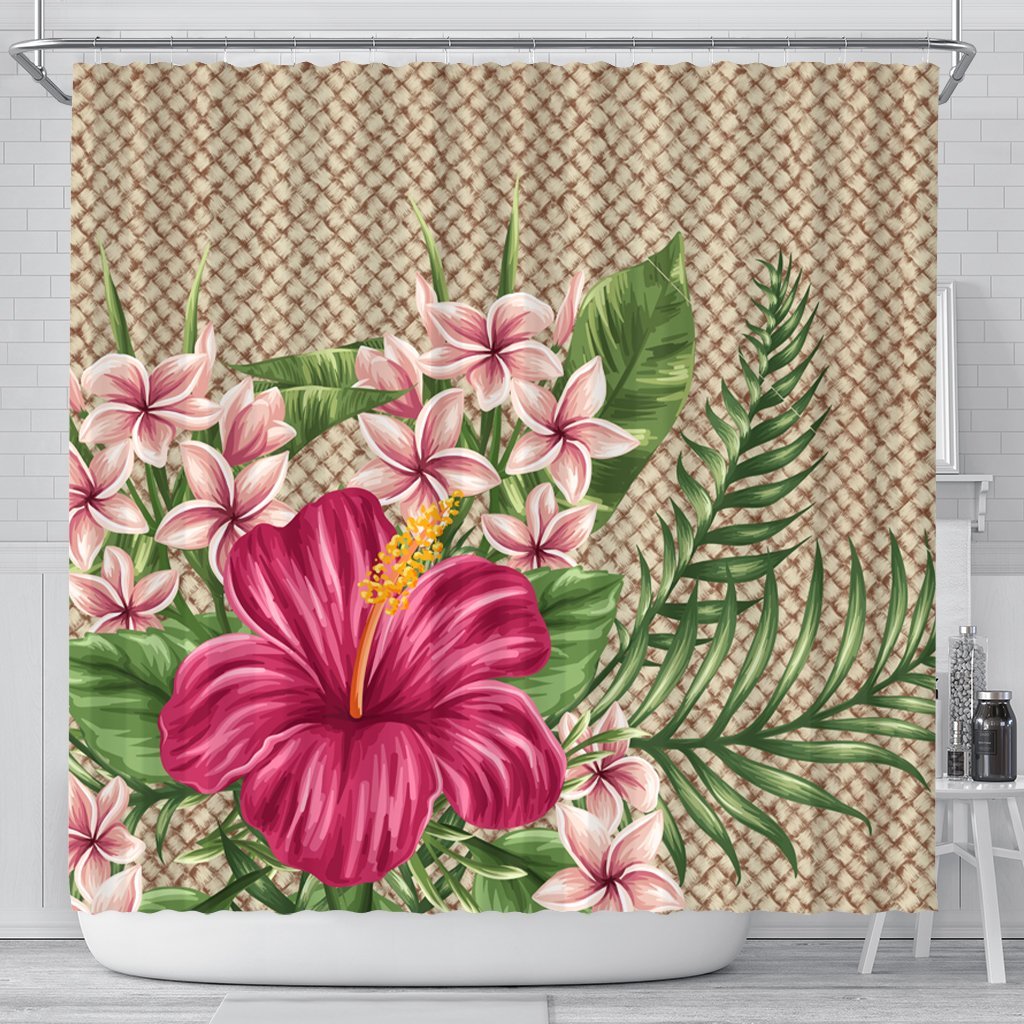 Hawaiian Hibiscus Plumeria Palm Leaves Lauhala Background Polynesian Shower Curtain - AH 177 x 172 (cm) Black - Polynesian Pride