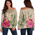 Hawaiian Hibiscus Plumeria Palm Leaves Lauhala Background Polynesian Women's Off Shoulder Sweater - AH Black - Polynesian Pride