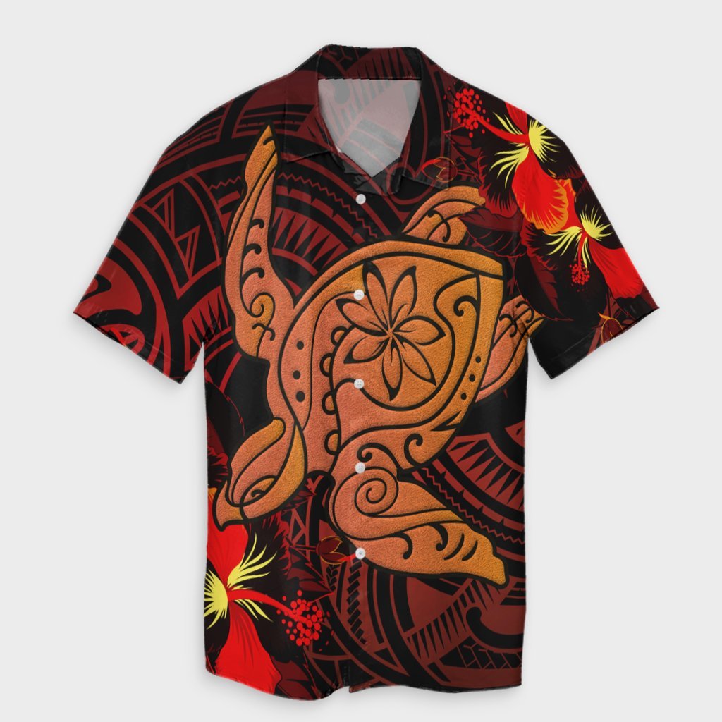 Hawaiian Hibiscus Plumeria Red Big Turtle Polynesian Hawaiian Shirt - AH Unisex Black - Polynesian Pride