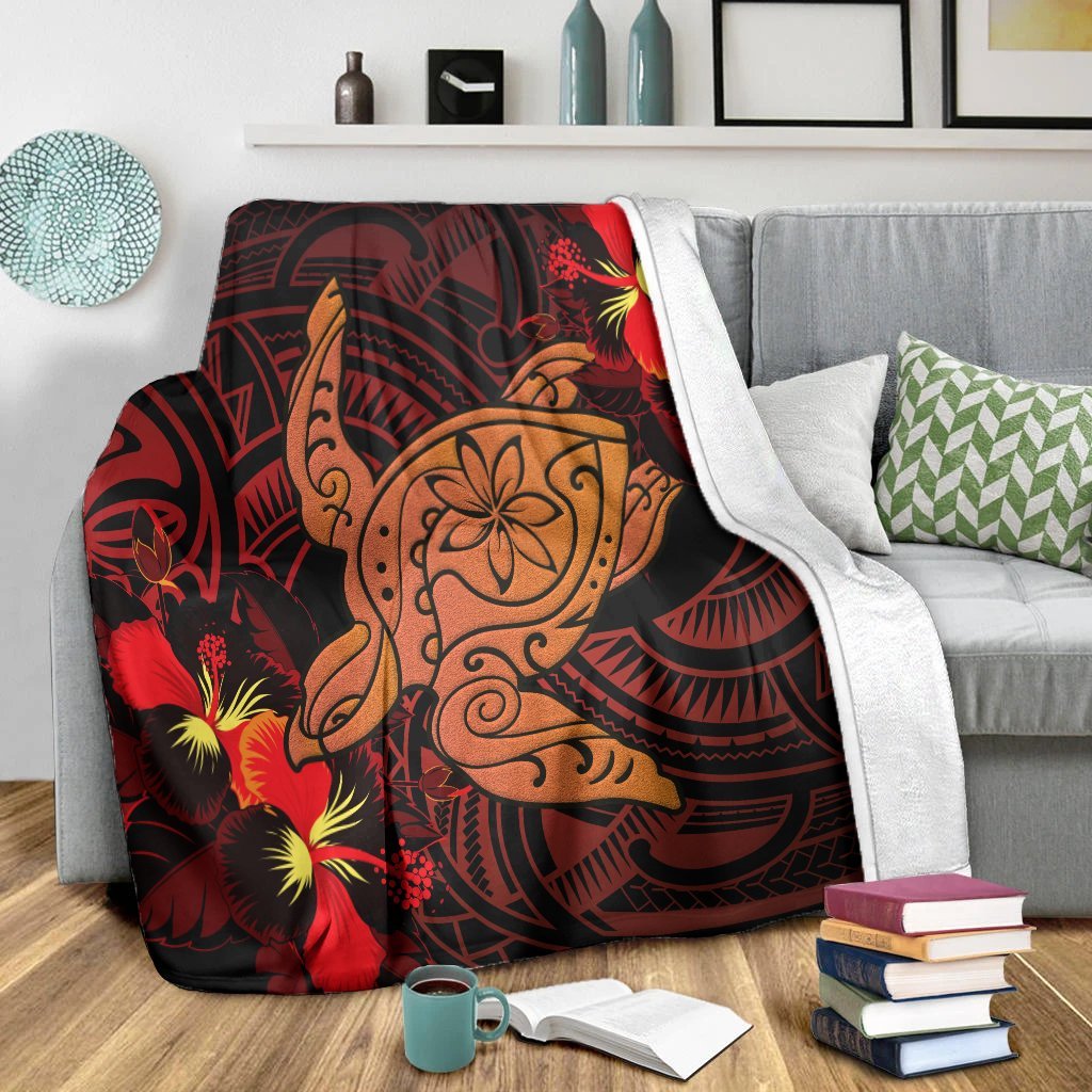Hawaiian Hibiscus Plumeria Red Big Turtle Polynesian Premium Blankets - AH - Polynesian Pride