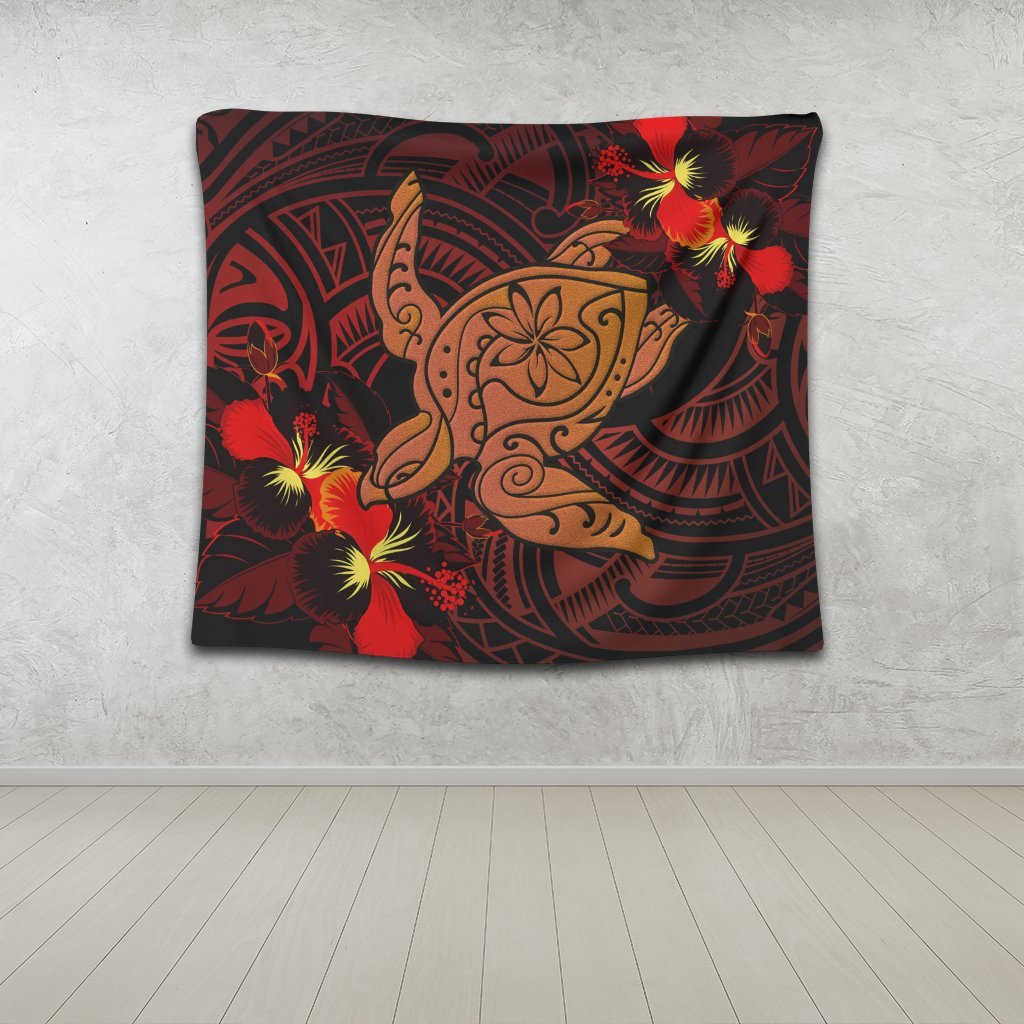Hawaiian Hibiscus Plumeria Red Big Turtle Polynesian Tapestry - AH - Polynesian Pride