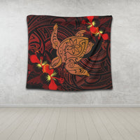 Hawaiian Hibiscus Plumeria Red Big Turtle Polynesian Tapestry - AH - Polynesian Pride