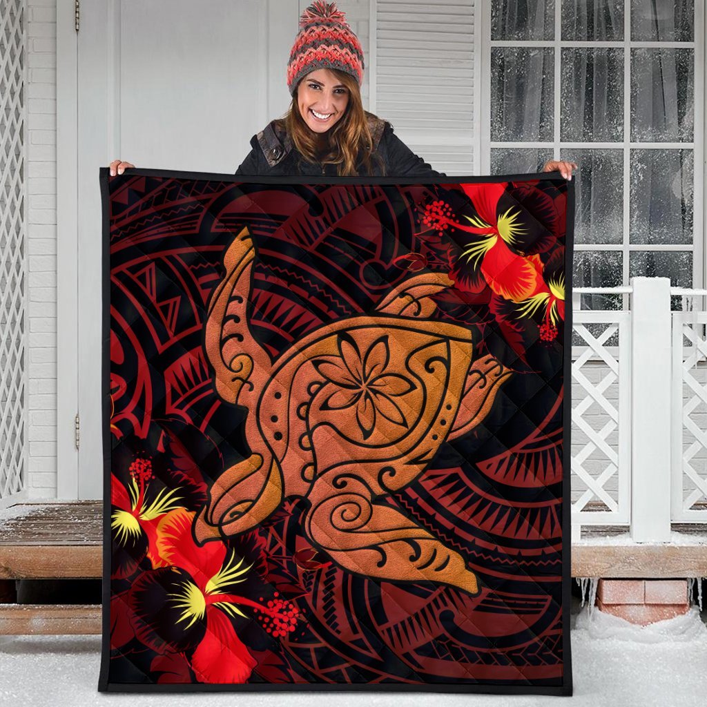 Hawaiian Hibiscus Plumeria Red Big Turtle Polynesian Premium Quilts - AH - Polynesian Pride