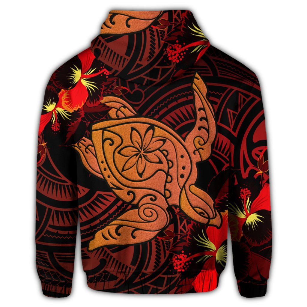 Hawaiian Hibiscus Plumeria Red Big Turtle Polynesian Hoodie - Polynesian Pride