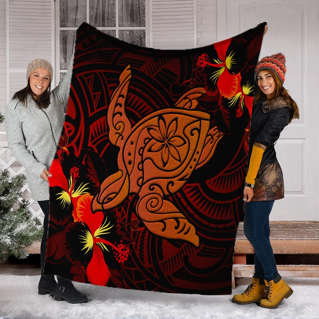 Hawaiian Hibiscus Plumeria Red Big Turtle Polynesian Premium Blankets - AH - Polynesian Pride