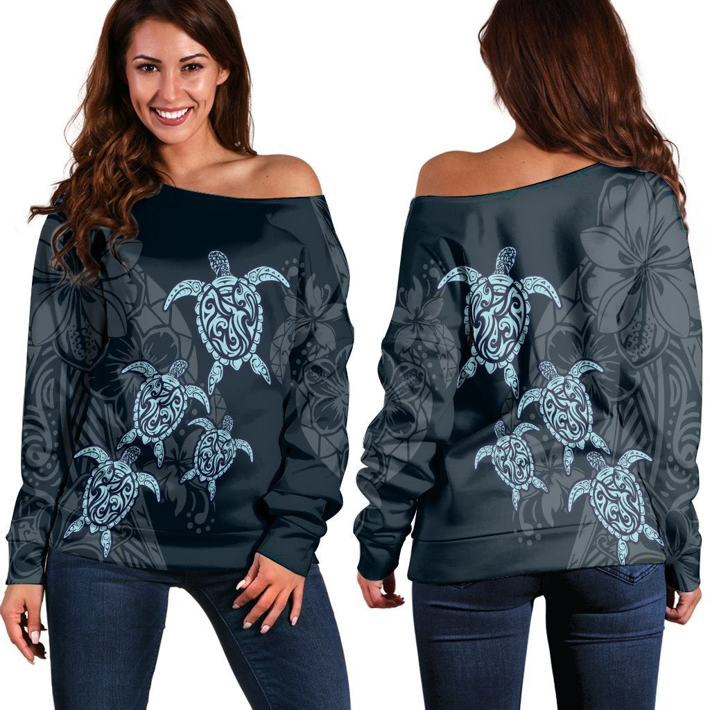 Hawaiian Hibiscus Plumeria Sea Turtle Polynesian Women's Off Shoulder Sweater - AH Black - Polynesian Pride