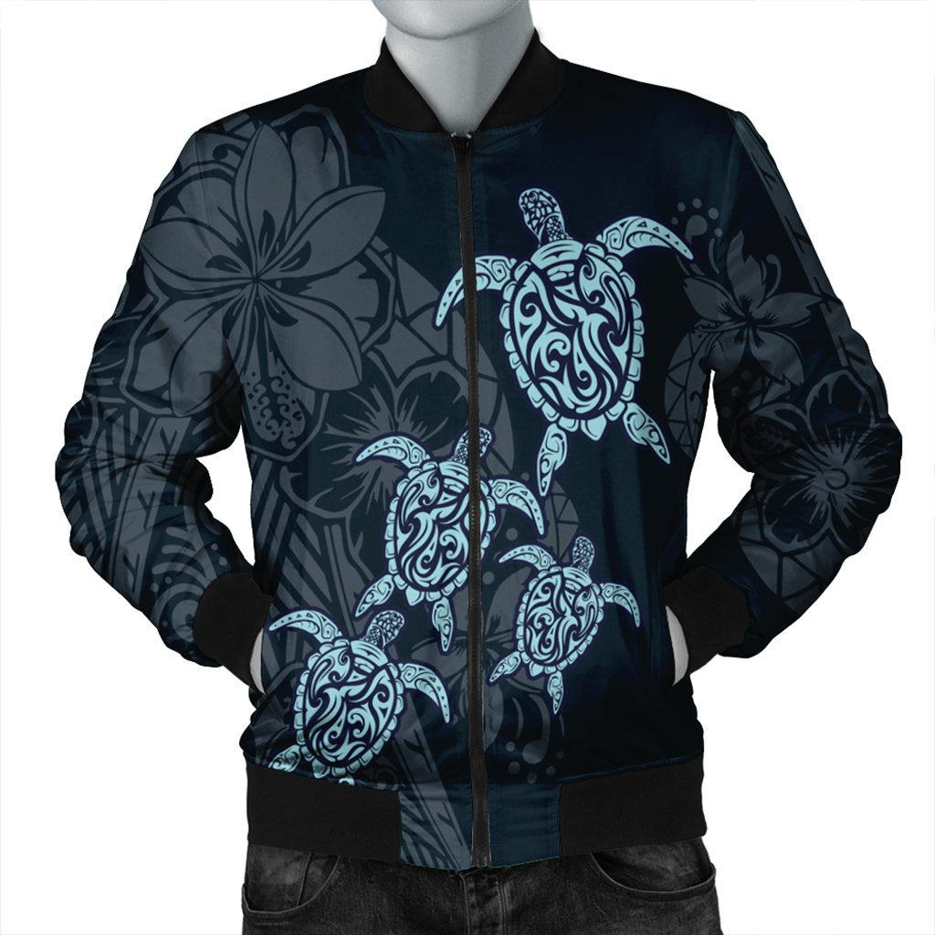 Hawaiian Hibiscus Plumeria Sea Turtle Polynesian Bomber Jacket - AH Black Unisex - Polynesian Pride