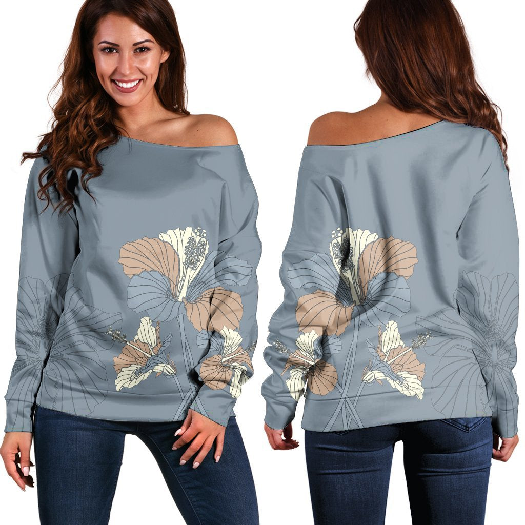 Hawaiian Hibiscus Polynesian Women's Off Shoulder Sweater - AH Black - Polynesian Pride