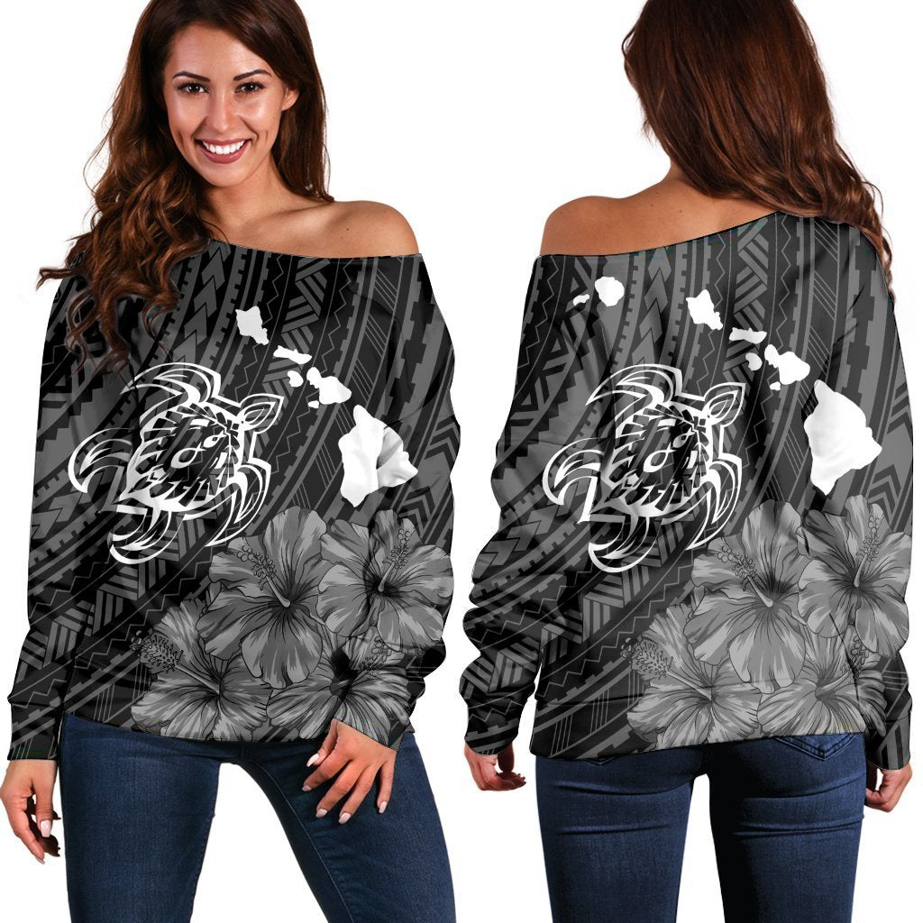 Hawaiian Hibiscus Sea Turtle Swim Polynesian Women's Off Shoulder Sweater - AH Black - Polynesian Pride