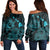 Hawaiian Hibiscus Sea Turtle Swim Polynesian Women's Off Shoulder Sweater - Blue - AH Black - Polynesian Pride