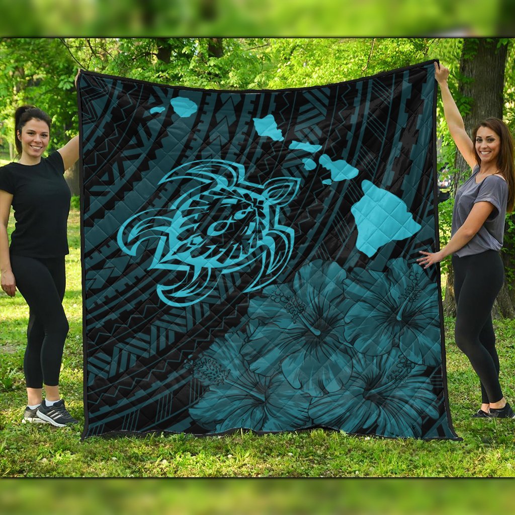 Hawaiian Hibiscus Sea Turtle Swim Polynesian Premium Quilts - Blue - AH Black - Polynesian Pride