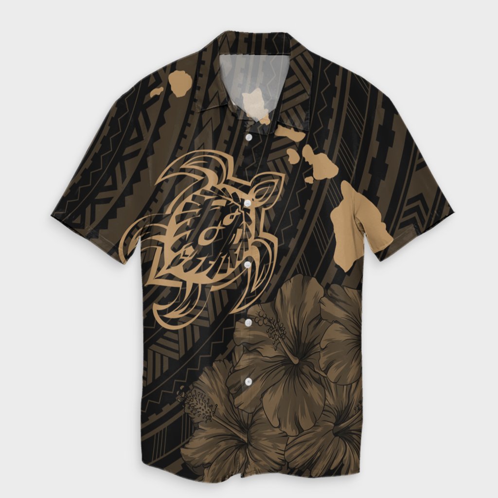 Hawaiian Hibiscus Sea Turtle Swim Polynesian Hawaiian Shirt - Gold - AH Unisex Black - Polynesian Pride