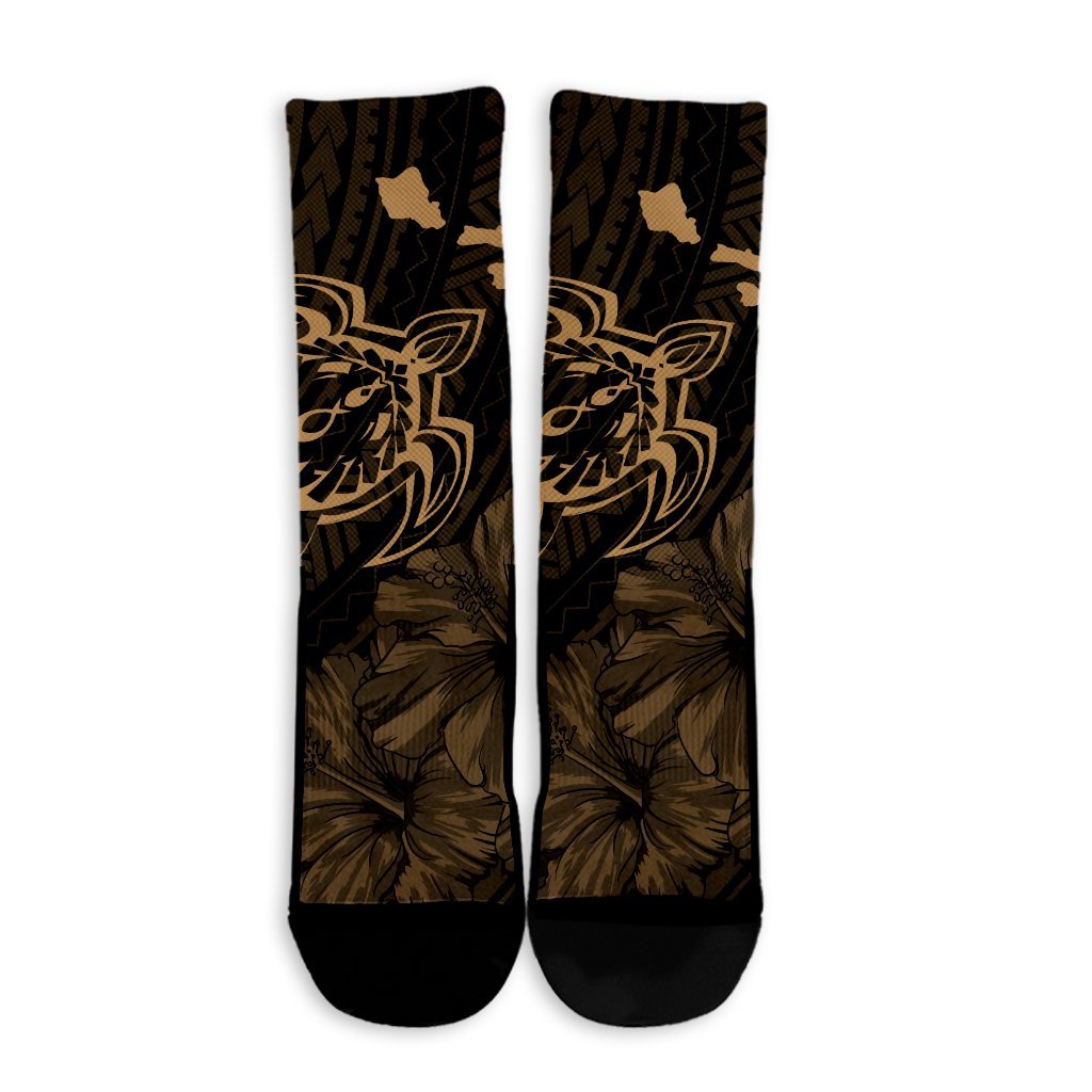 Hawaiian Hibiscus Sea Turtle Swim Polynesian Crew Socks - Gold - AH - Polynesian Pride