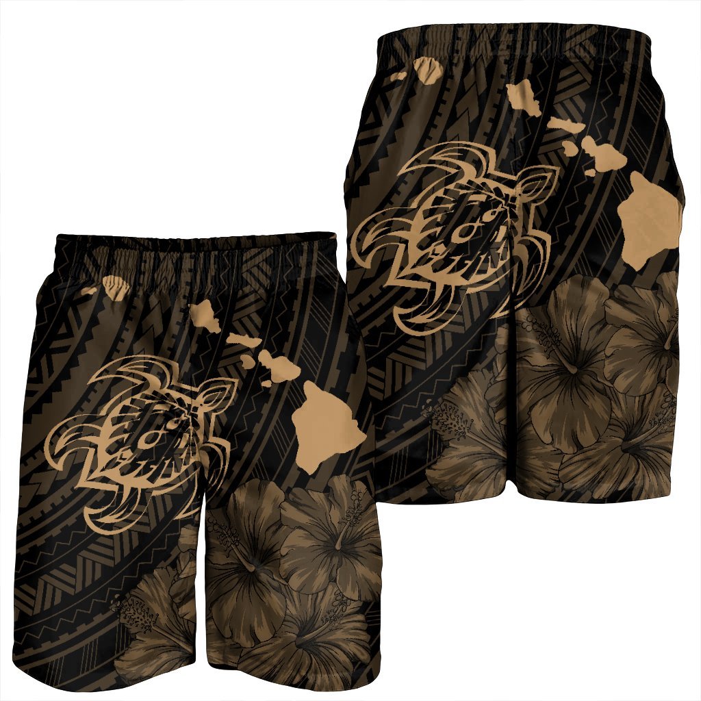 Hawaiian Hibiscus Sea Turtle Swim Polynesian Men's Shorts - Gold - AH - Polynesian Pride