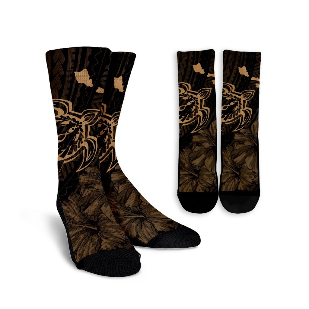 Hawaiian Hibiscus Sea Turtle Swim Polynesian Crew Socks - Gold - AH Crew Socks White - Polynesian Pride