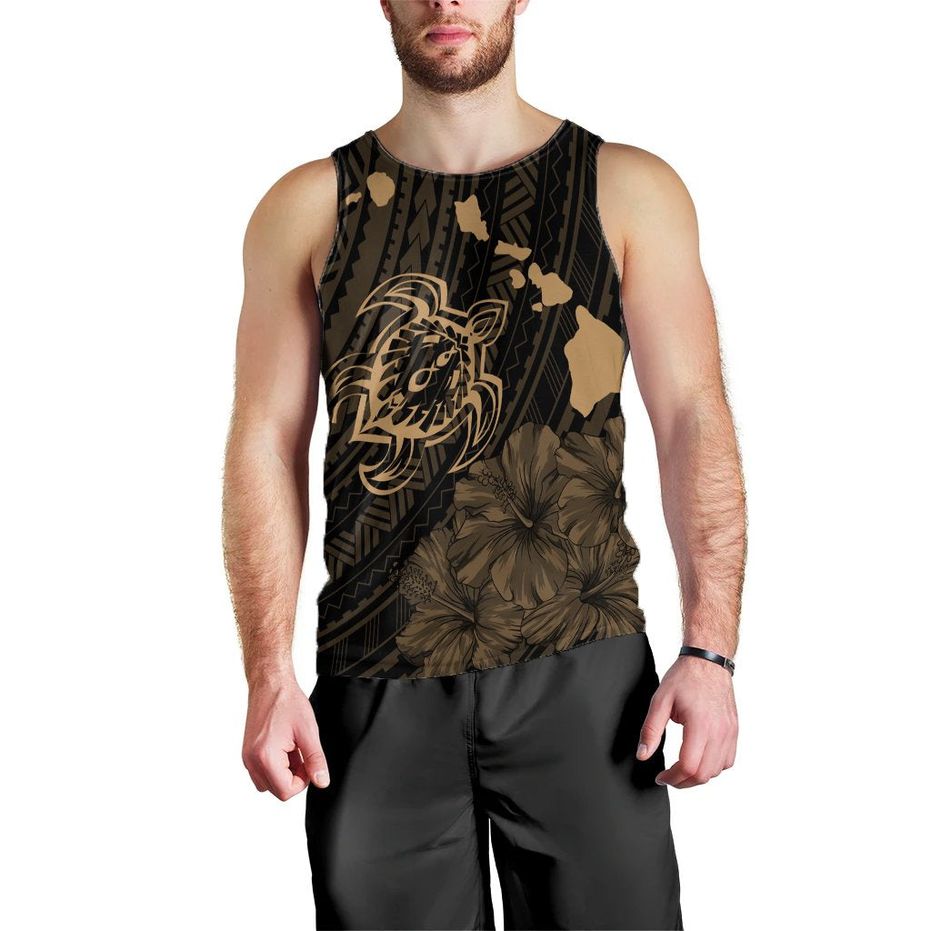 Hawaiian Hibiscus Sea Turtle Swim Polynesian Tank Top - Gold - AH Black - Polynesian Pride
