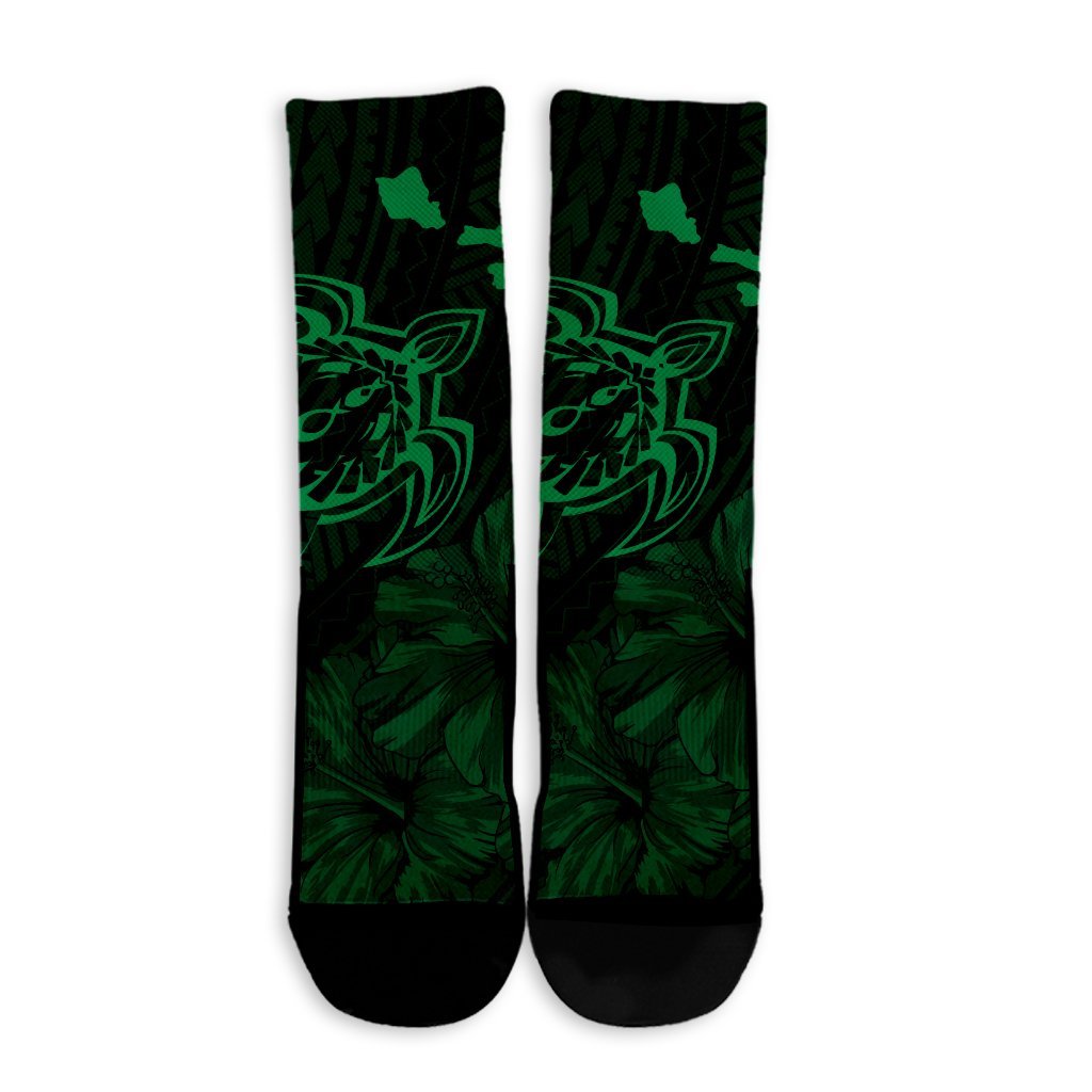 Hawaiian Hibiscus Sea Turtle Swim Polynesian Crew Socks - Green - AH - Polynesian Pride