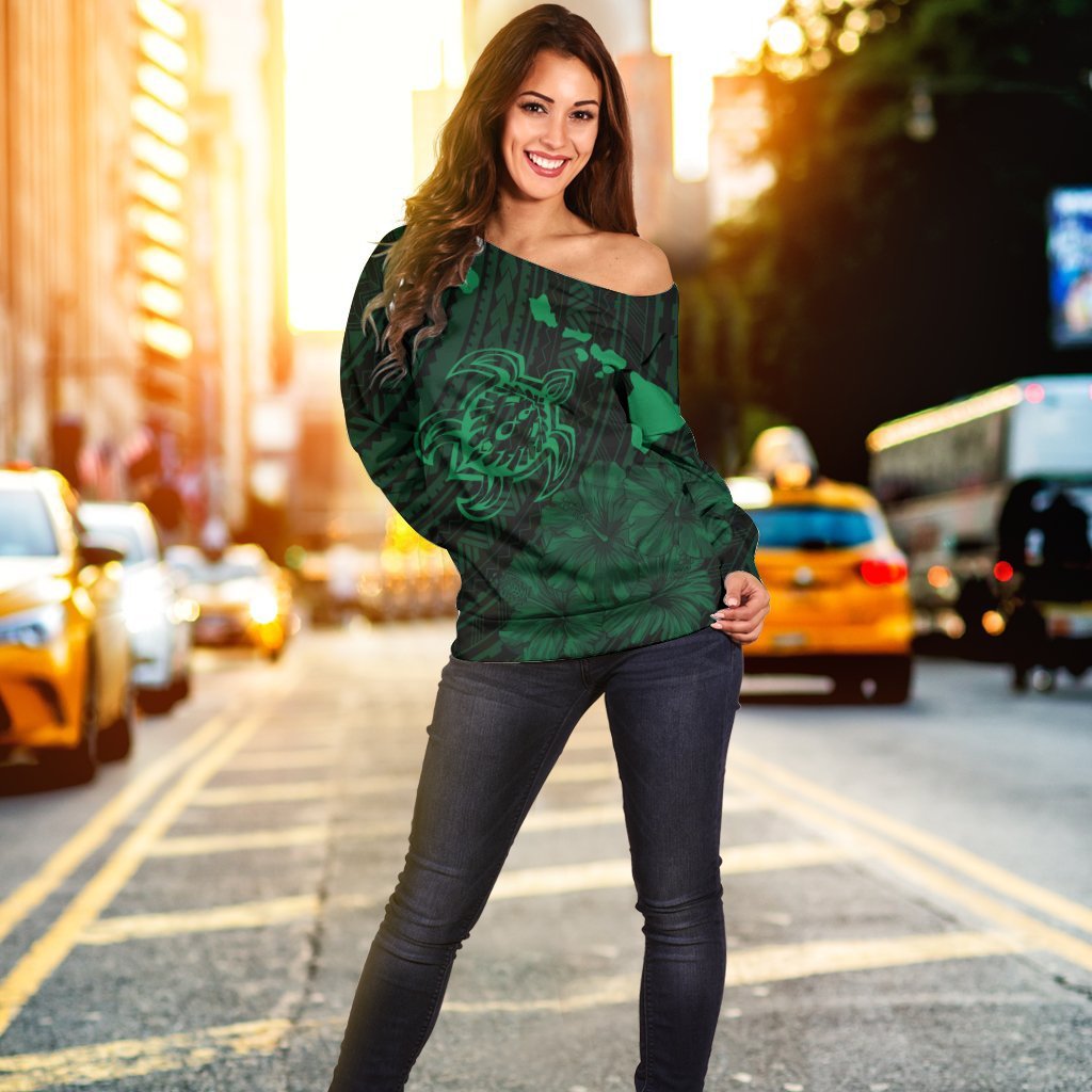 Hawaiian Hibiscus Sea Turtle Swim Polynesian Women's Off Shoulder Sweater - Green - AH - Polynesian Pride