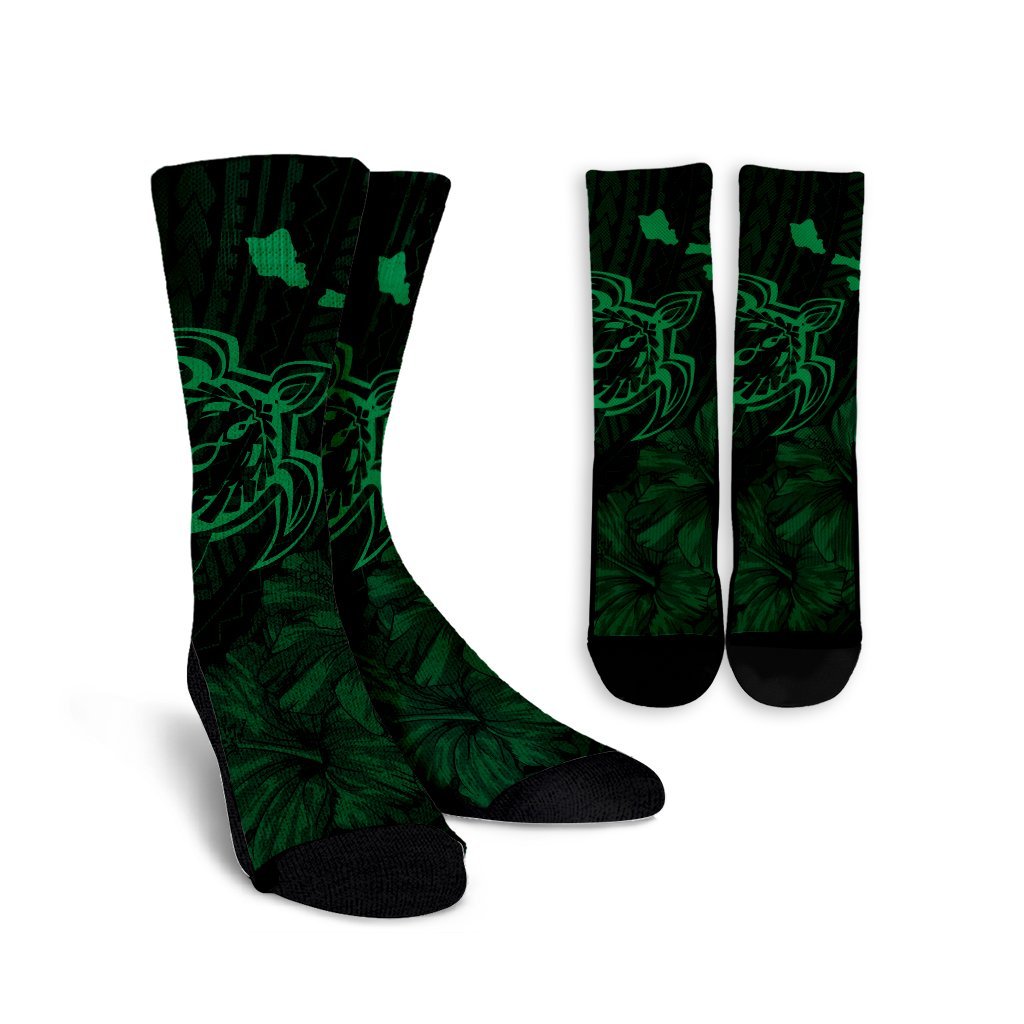 Hawaiian Hibiscus Sea Turtle Swim Polynesian Crew Socks - Green - AH Crew Socks White - Polynesian Pride