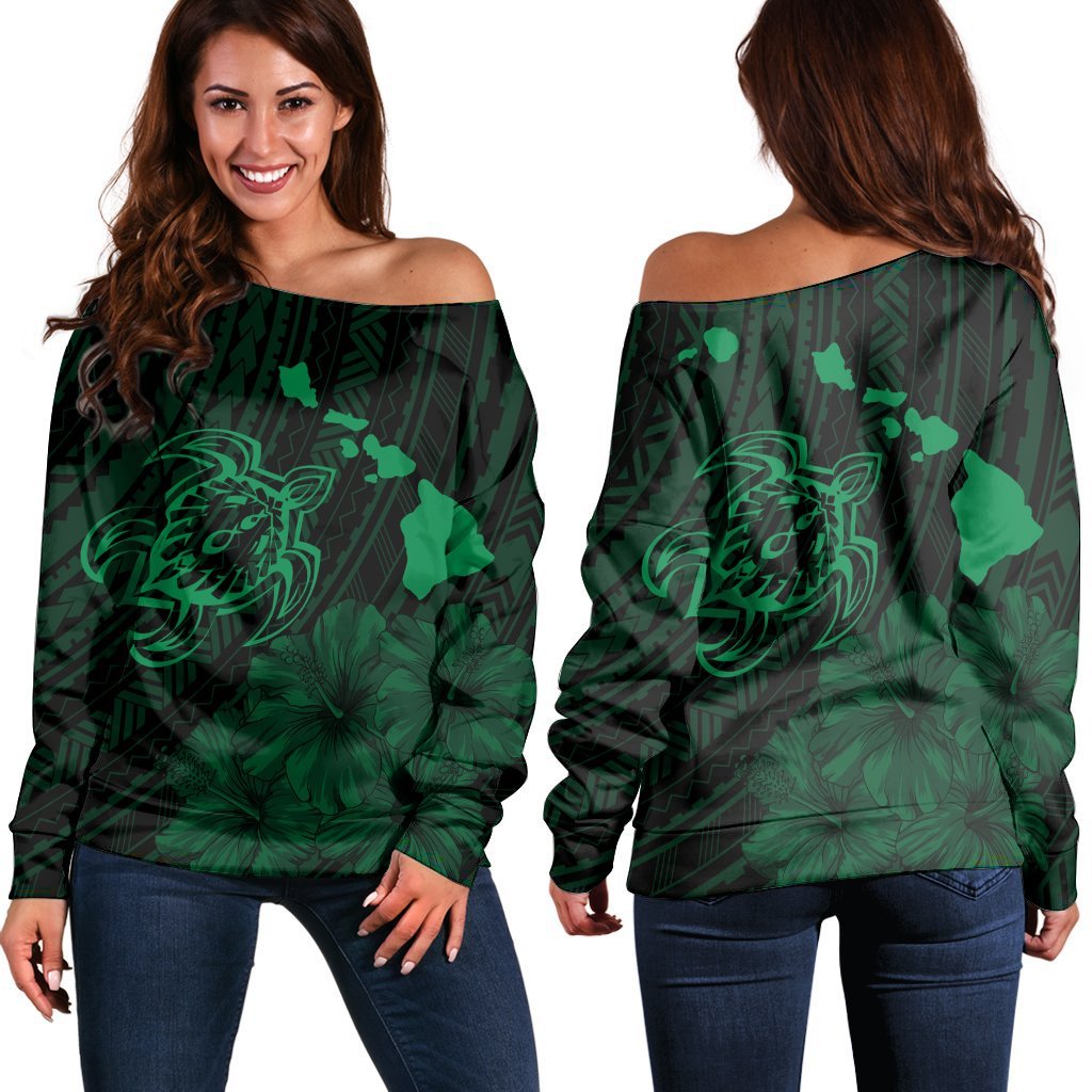 Hawaiian Hibiscus Sea Turtle Swim Polynesian Women's Off Shoulder Sweater - Green - AH Black - Polynesian Pride