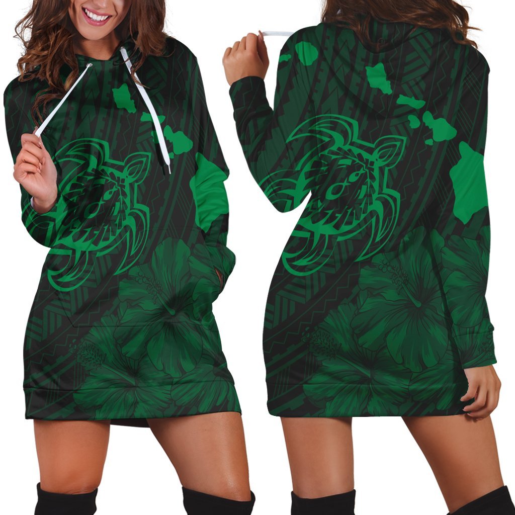 Hawaiian Hibiscus Sea Turtle Swim Polynesian Hoodie Dress - Green - AH Black - Polynesian Pride