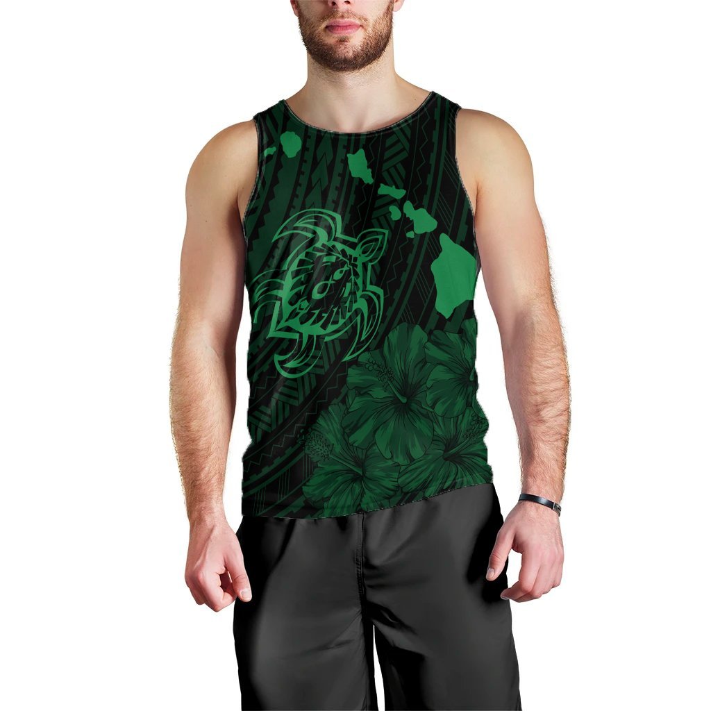 Hawaiian Hibiscus Sea Turtle Swim Polynesian Tank Top - Green - AH Black - Polynesian Pride