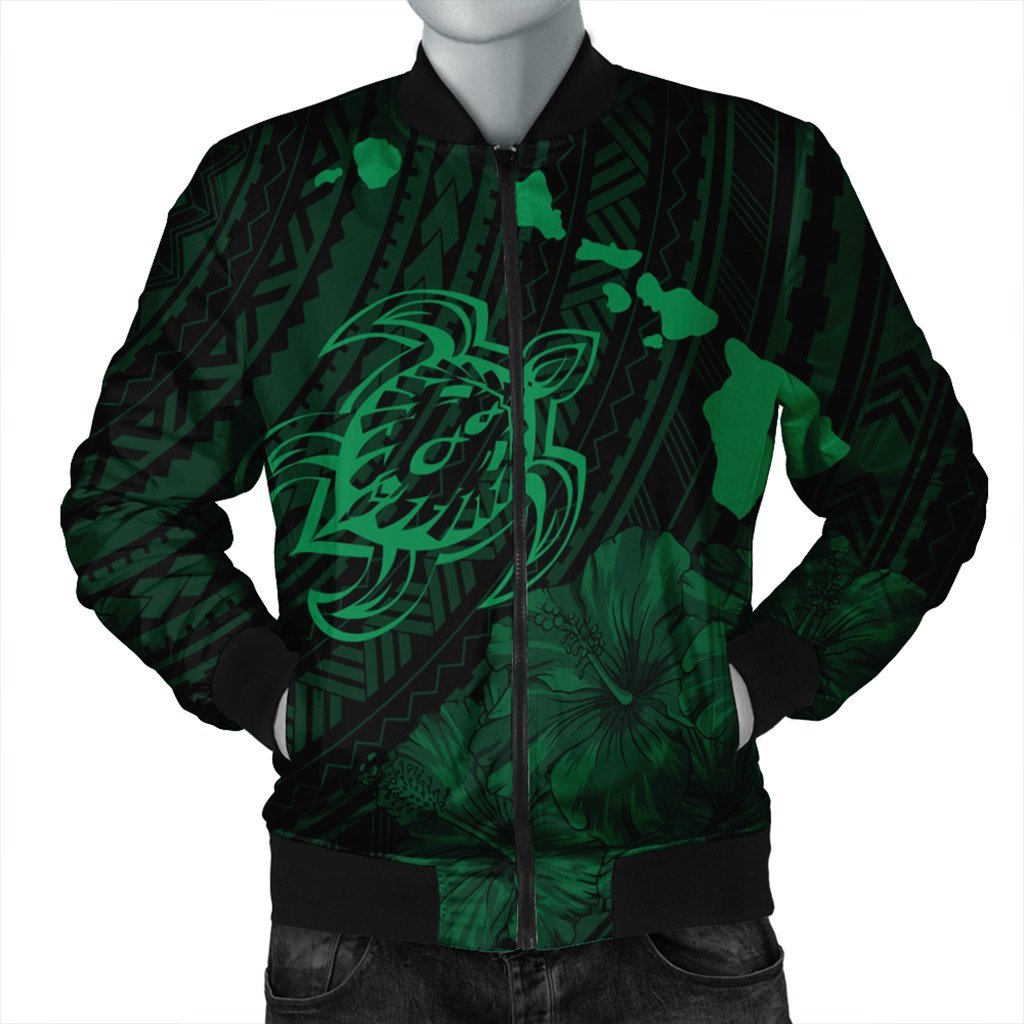 Hawaiian Hibiscus Sea Turtle Swim Polynesian Bomber Jacket - Green - AH Black Unisex - Polynesian Pride