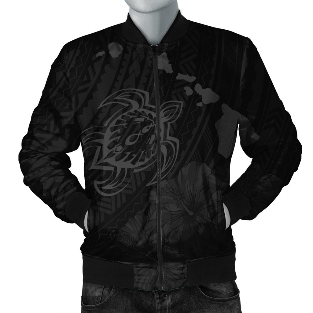 Hawaiian Hibiscus Sea Turtle Swim Polynesian Bomber Jacket - Grey - AH Black Unisex - Polynesian Pride