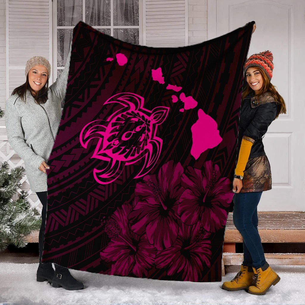 Hawaiian Hibiscus Sea Turtle Swim Polynesian Premium Blankets - Pink - AH - Polynesian Pride