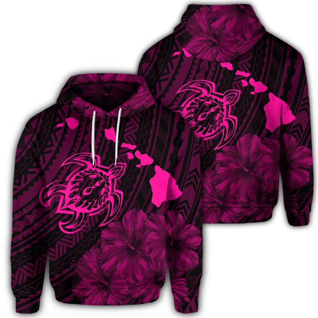 Hawaiian Hibiscus Sea Turtle Swim Polynesian Hoodie Pink Unisex Art - Polynesian Pride