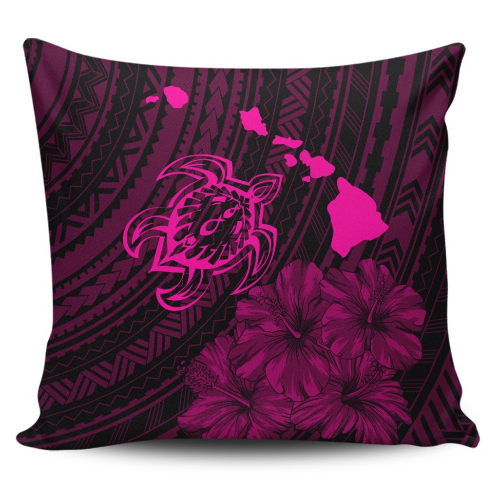 Hawaiian Hibiscus Sea Turtle Swim Polynesian Pillow Covers - Pink - AH Pillow Covers Black - Polynesian Pride