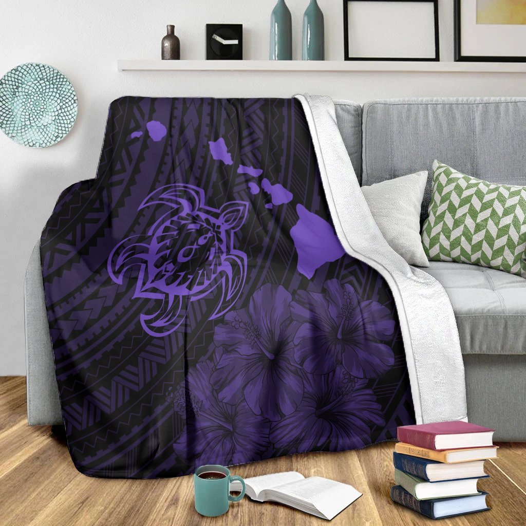 Hawaiian Hibiscus Sea Turtle Swim Polynesian Premium Blankets - Purple - AH - Polynesian Pride