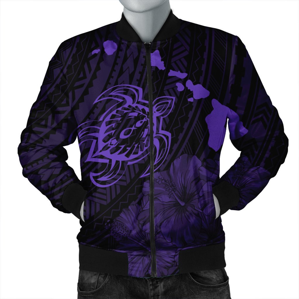 Hawaiian Hibiscus Sea Turtle Swim Polynesian Bomber Jacket - Purple - AH Black Unisex - Polynesian Pride