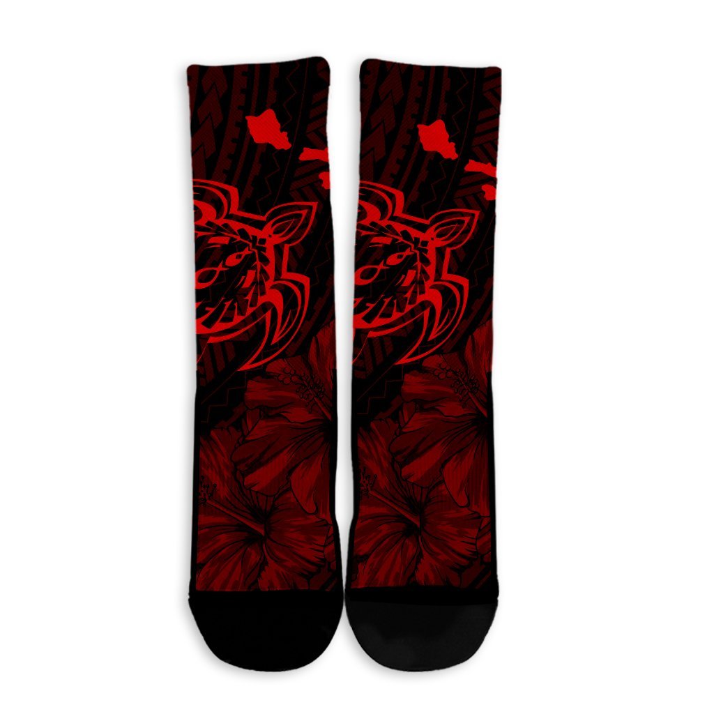 Hawaiian Hibiscus Sea Turtle Swim Polynesian Crew Socks - Red - AH - Polynesian Pride