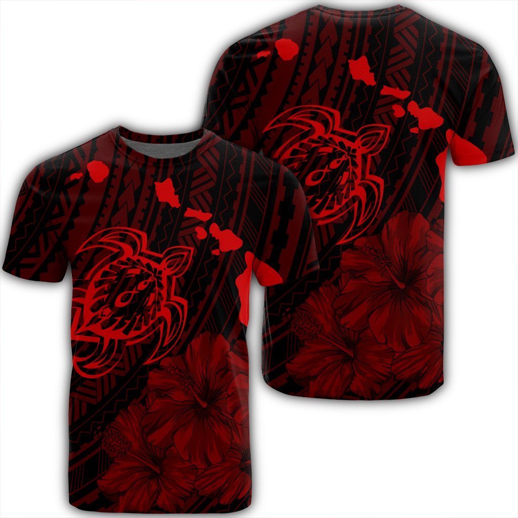 Hawaiian Hibiscus Sea Turtle Swim Polynesian T Shirt Red Unisex Black - Polynesian Pride