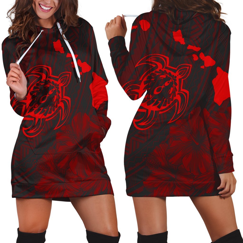 Hawaiian Hibiscus Sea Turtle Swim Polynesian Hoodie Dress - Red - AH Black - Polynesian Pride