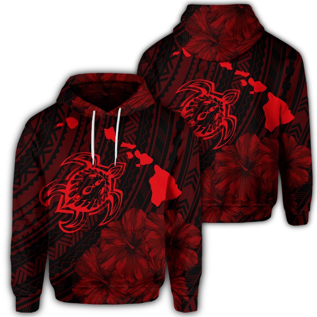 Hawaiian Hibiscus Sea Turtle Swim Polynesian Hoodie Red Unisex Art - Polynesian Pride