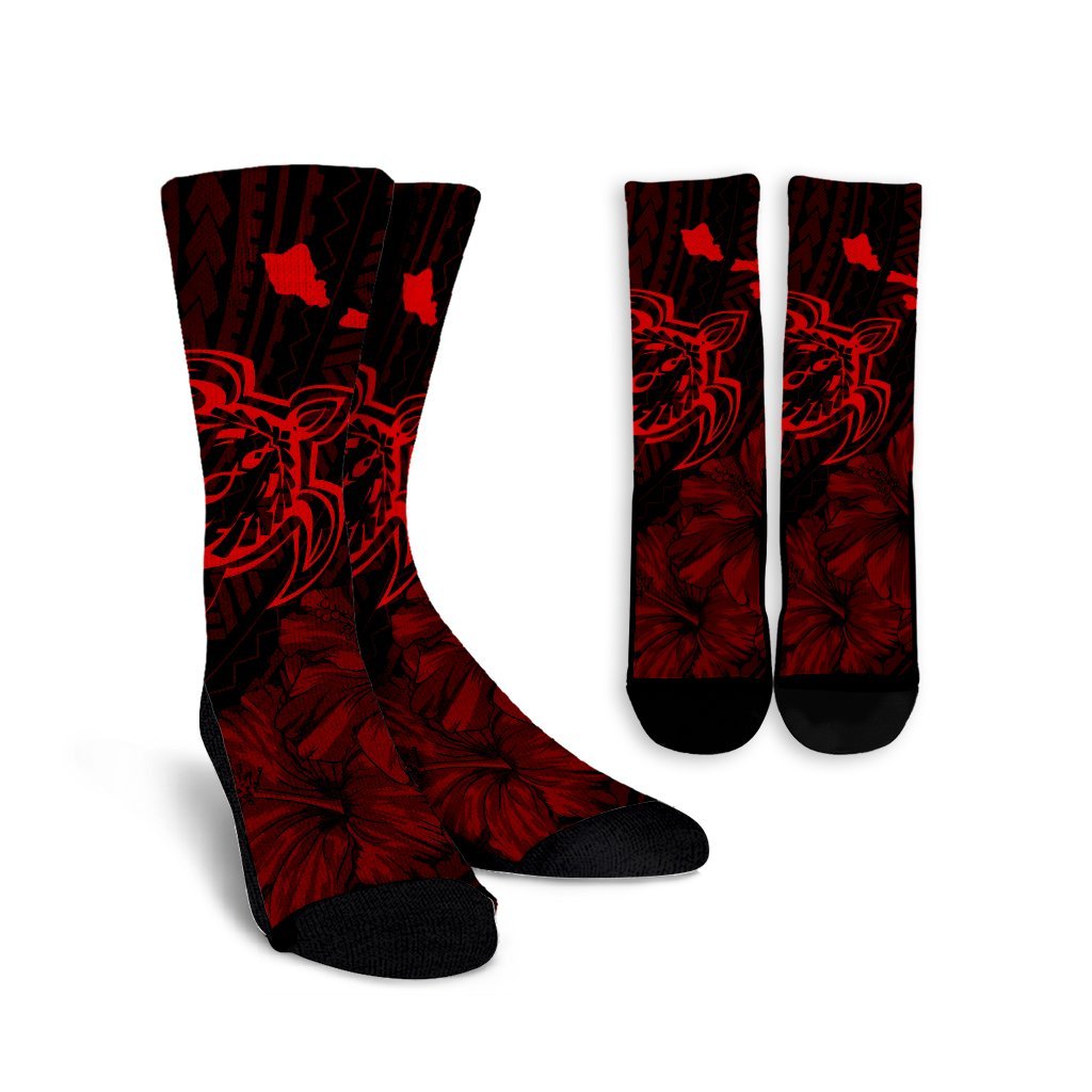 Hawaiian Hibiscus Sea Turtle Swim Polynesian Crew Socks - Red - AH Crew Socks White - Polynesian Pride