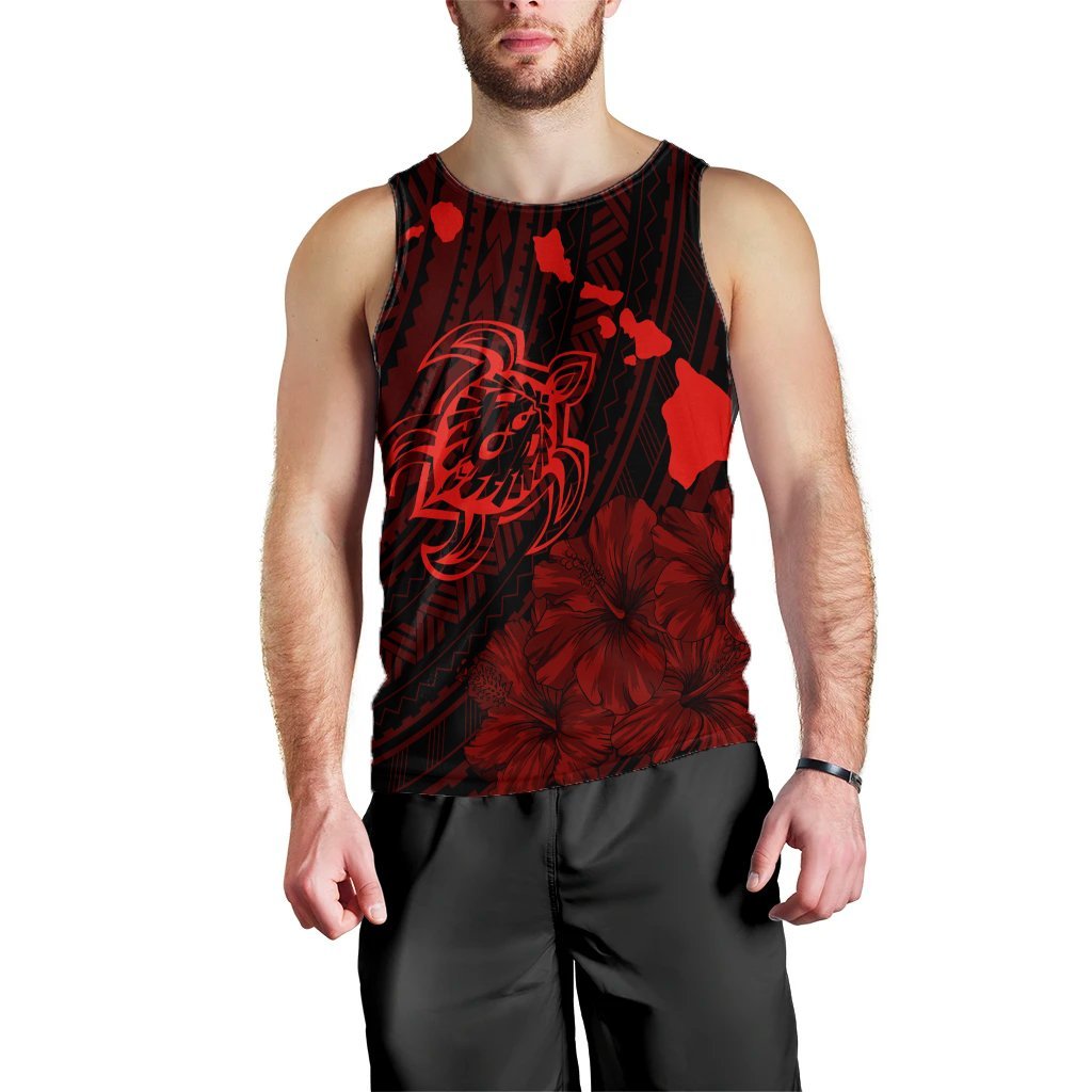 Hawaiian Hibiscus Sea Turtle Swim Polynesian Tank Top - Red - AH Black - Polynesian Pride